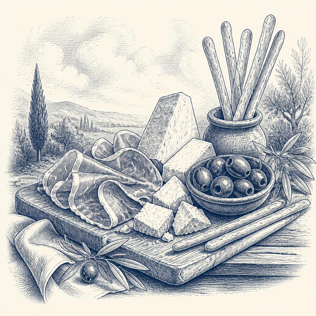 Engraving of an antipasti board with cured meats, cheese and olives