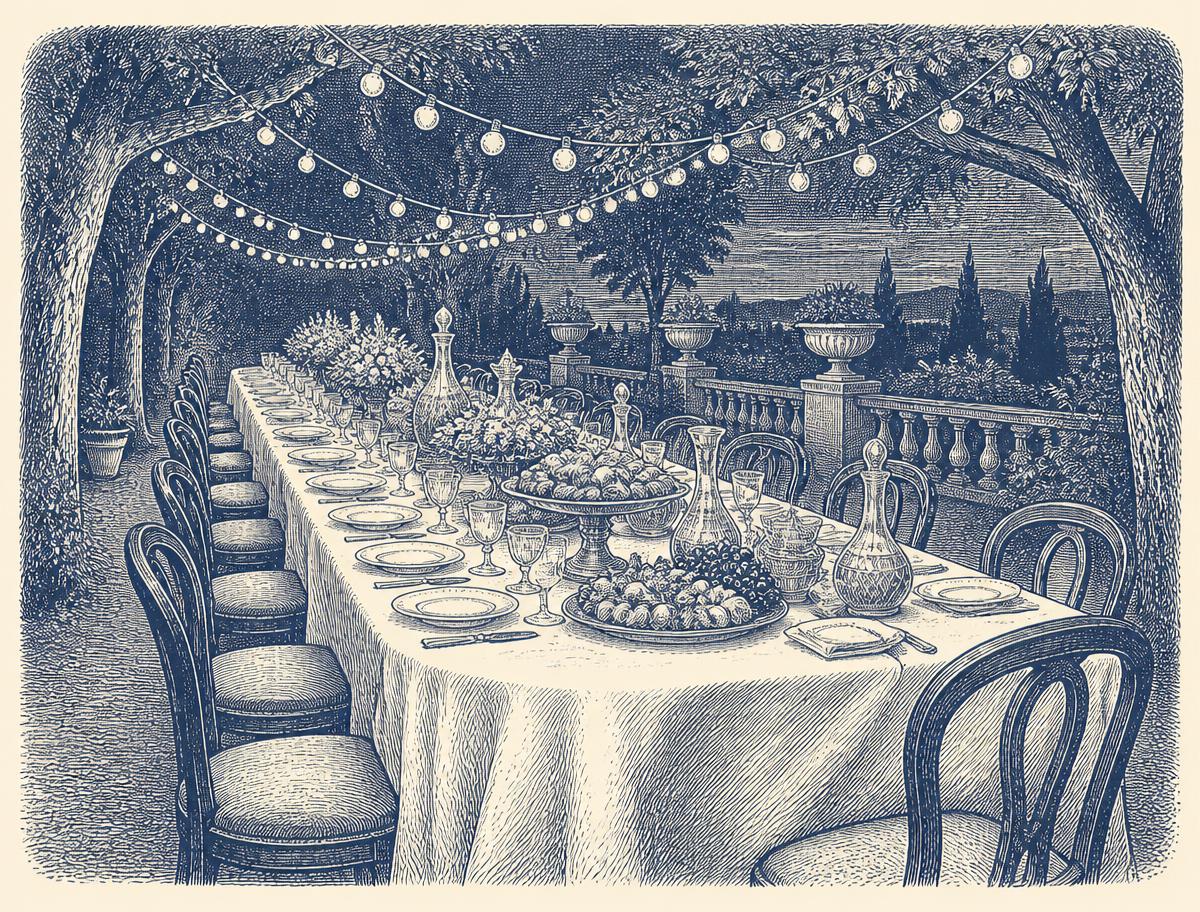 A sunlit harbour table set with Italian dishes and wine