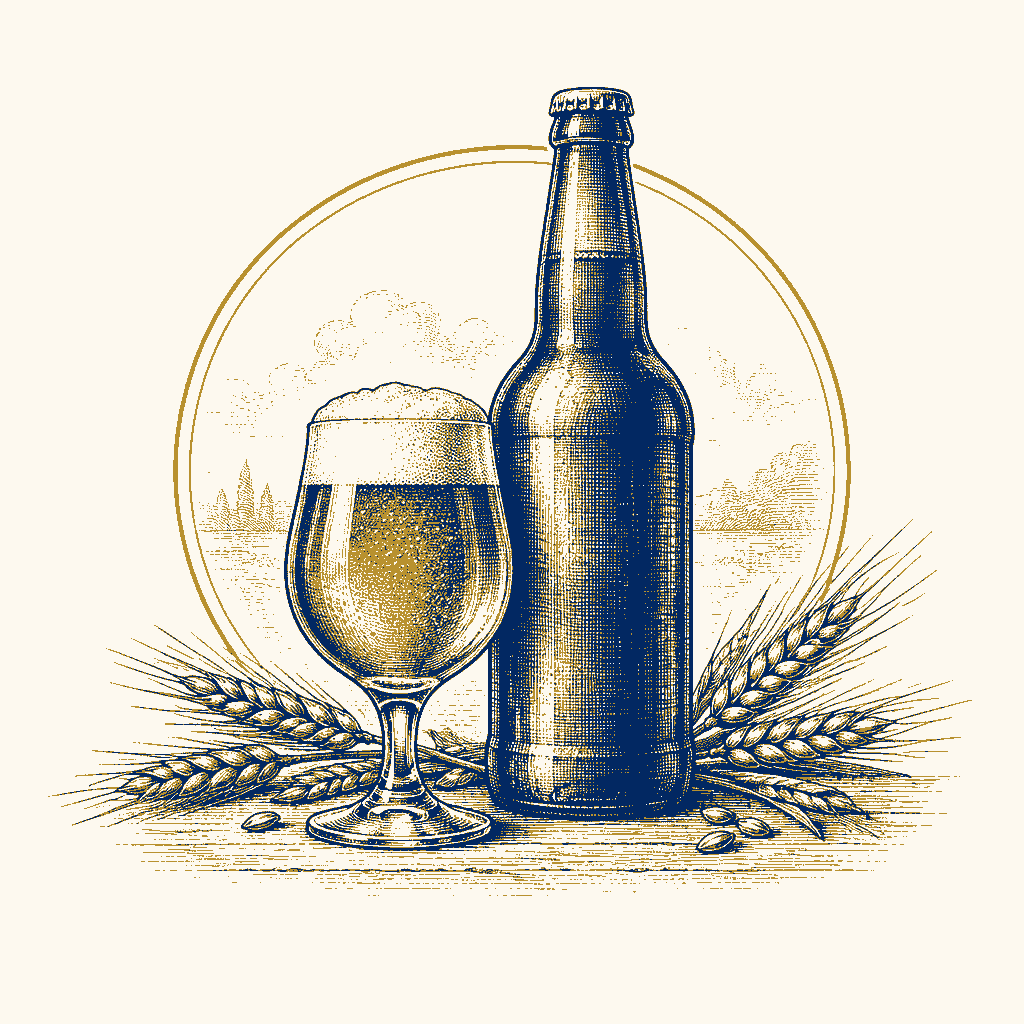 Engraving of a beer bottle and glass with barley stems