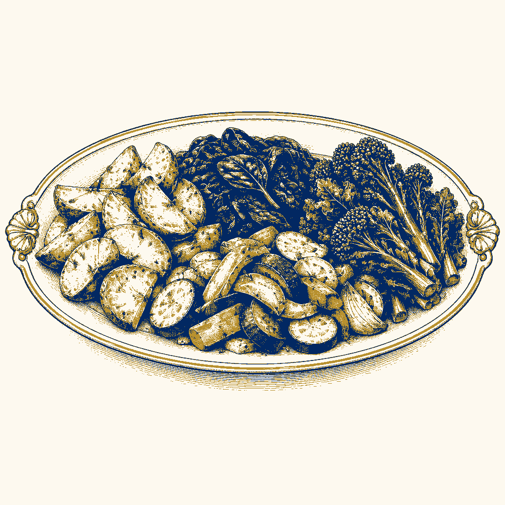 Engraving of roasted potatoes, sautéed spinach, rapini and mixed vegetables on a serving platter