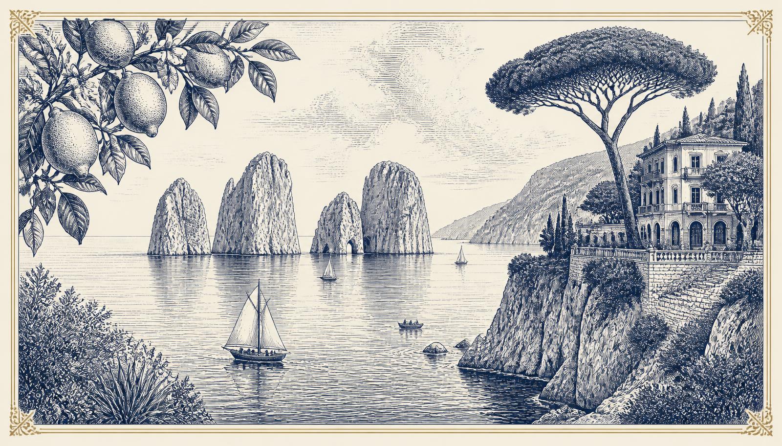 Engraved panorama of the Capri coastline with sea stacks, cliffs and a hillside village