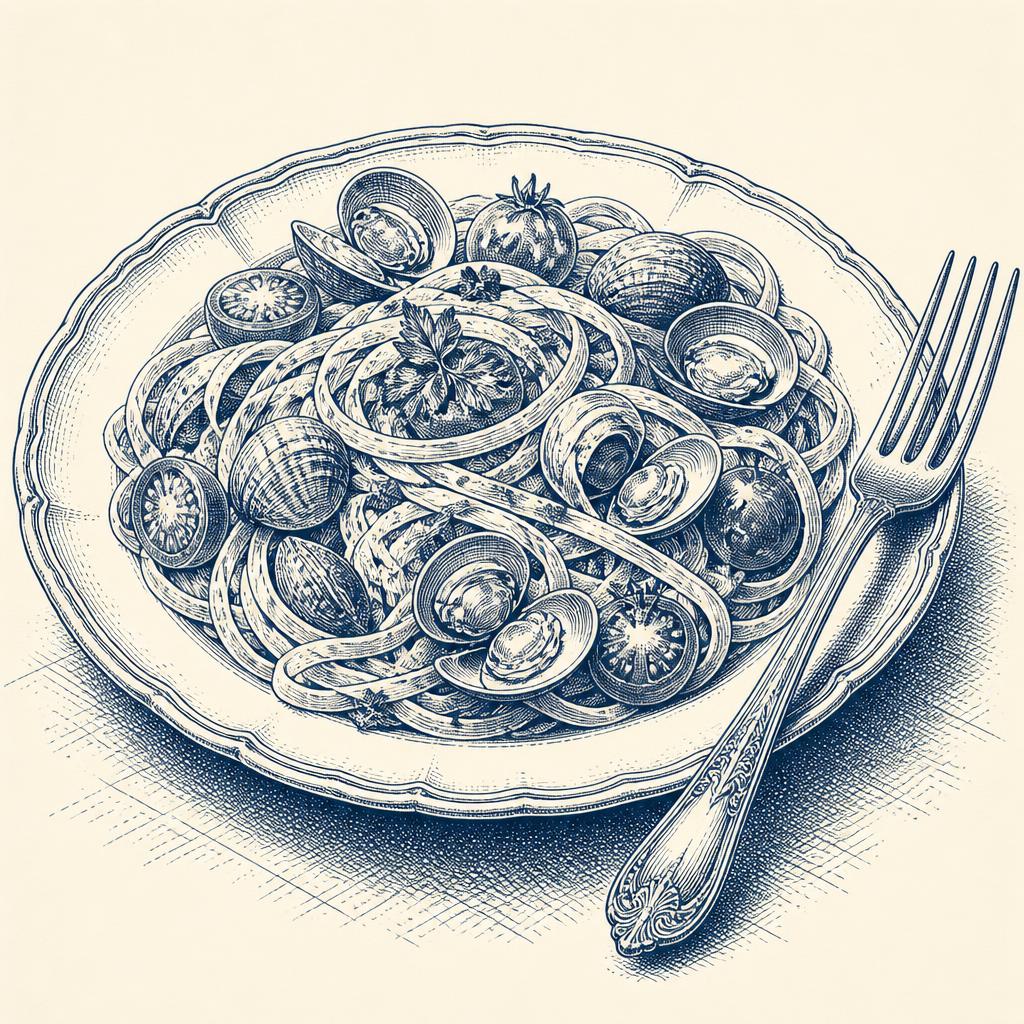 Engraving of a bowl of spaghetti with clams