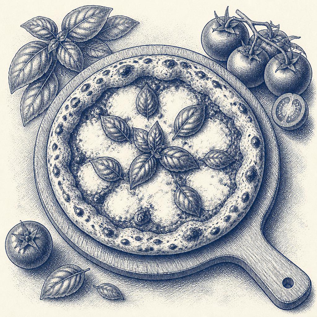 Engraving of a Neapolitan margherita pizza with basil