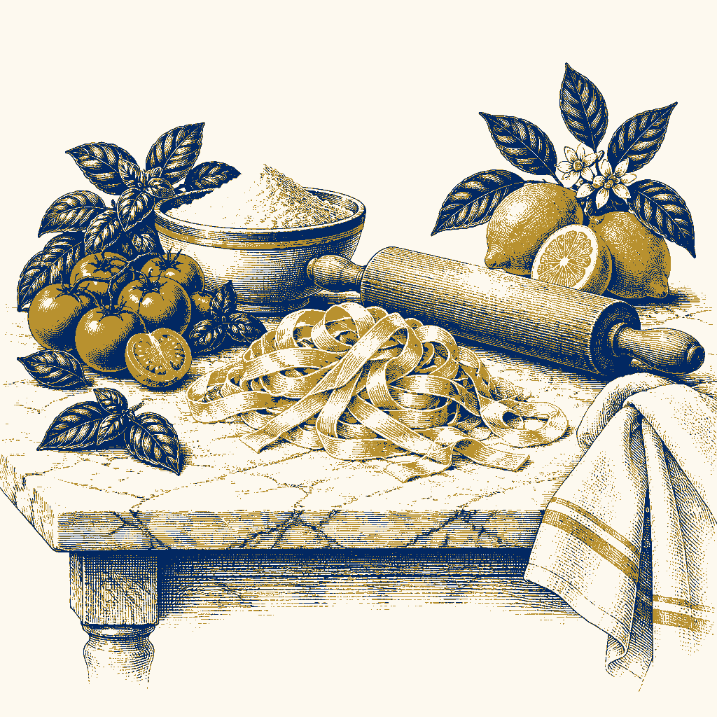 Engraving of fresh pasta, tomatoes, basil and lemons arranged on a marble preparation table