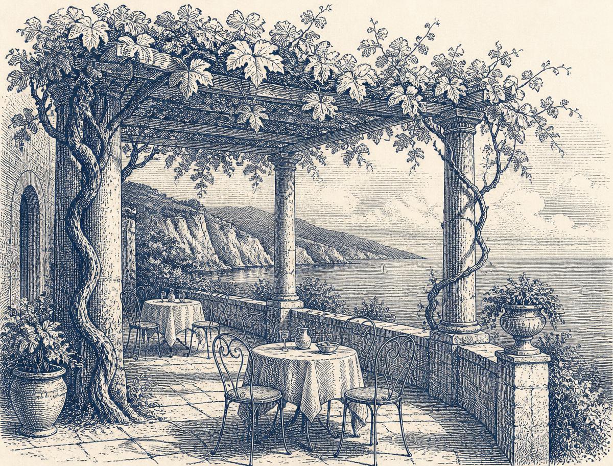 Engraving of a pergola-covered terrace with dining tables above the sea