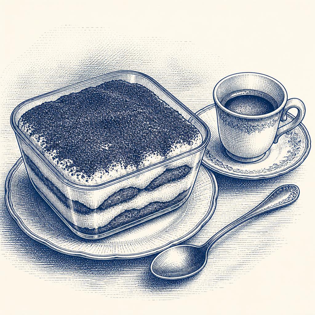 Engraving of tiramisù beside an espresso cup