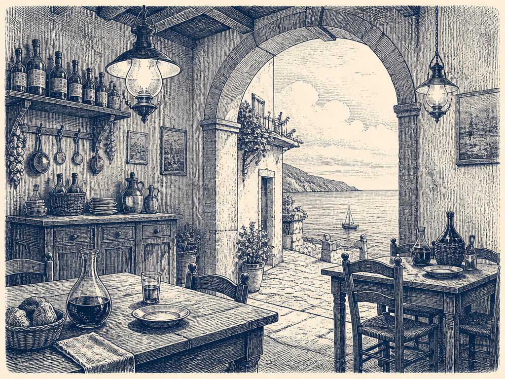 Engraving of the trattoria dining room interior