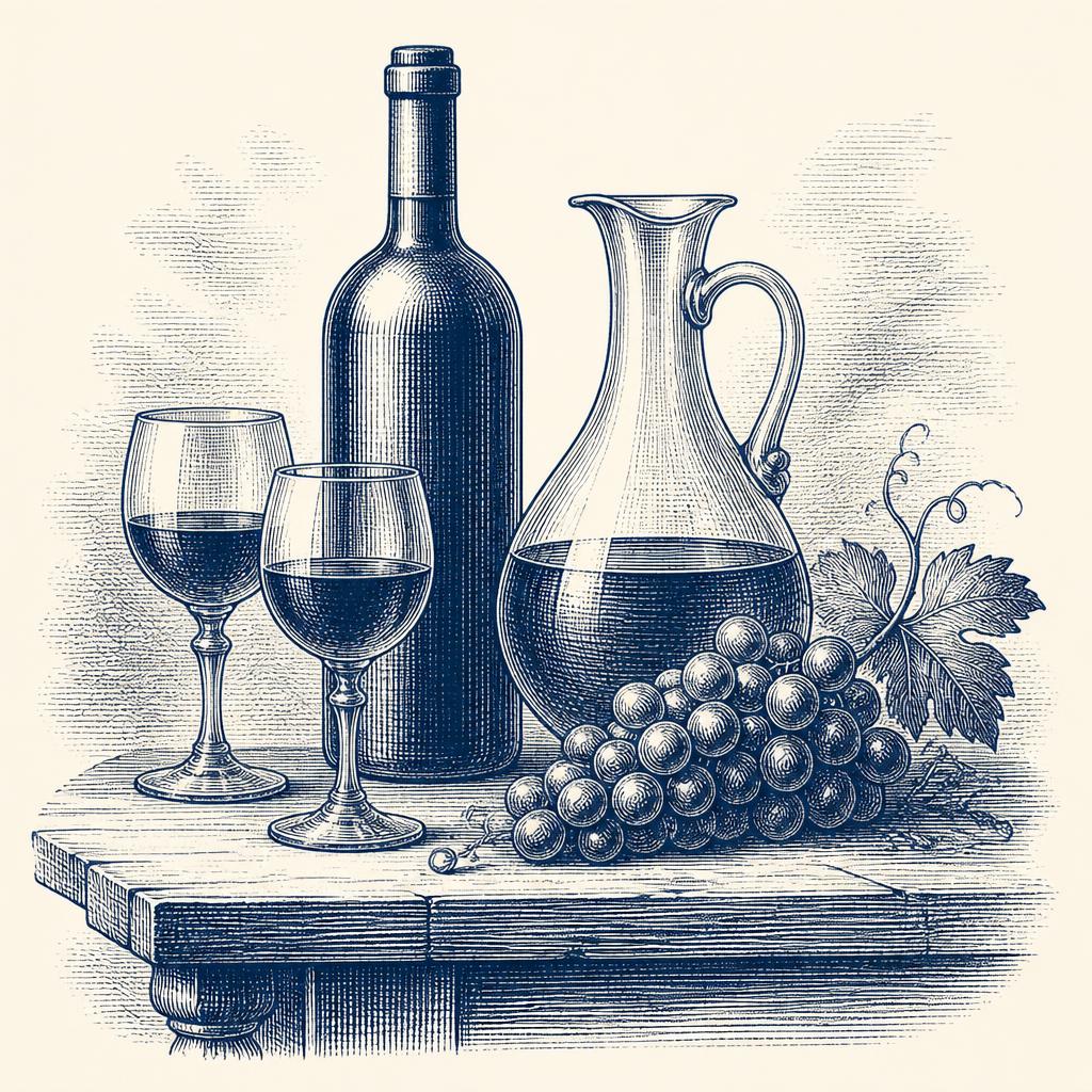 Engraving of a wine bottle, glass and grapes